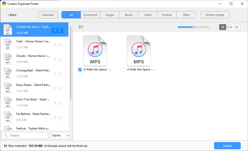 Cisdem Duplicate Finder interface showing several sets of duplicate audio tracks