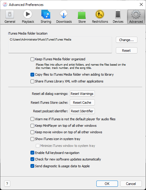 the Advanced tab in iTunes for Windows' Preferences displaying the iTunes Media folder location information and the Copy files to iTunes Media folder when adding to library option