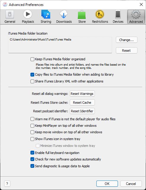 iTunes Advanced Preferences showing the iTunes Media folder location, cache settings, and more 