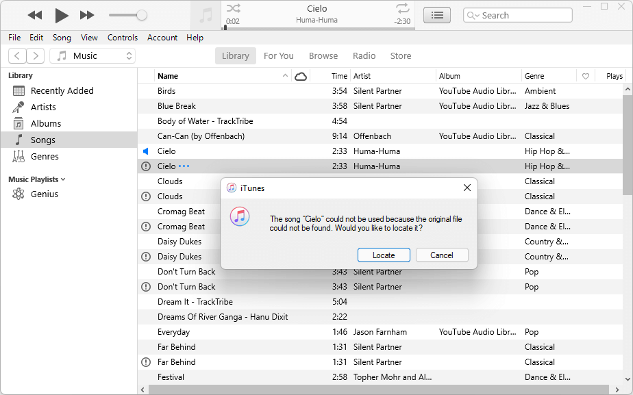 iTunes showing a message that says the song Cielo could not be used because the original file could not be found