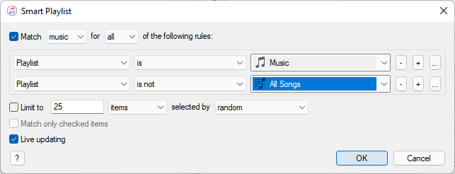 iTunes Smart Playlist window showing options to match music based on rules
