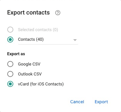 the Export contacts dialog with a vCard (for iOS Contacts) option, an Export button and more