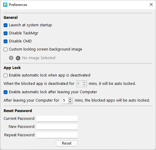 the Preferences window displaying App Lock and some other options