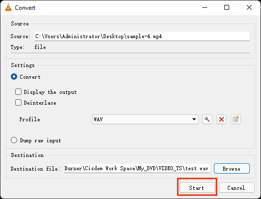 convert mp4 to wav using vlc