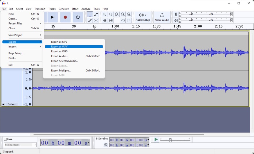 choose to convert mp4 to wav with audacity