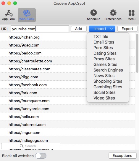 the Import dropdown menu providing categories of websites to block