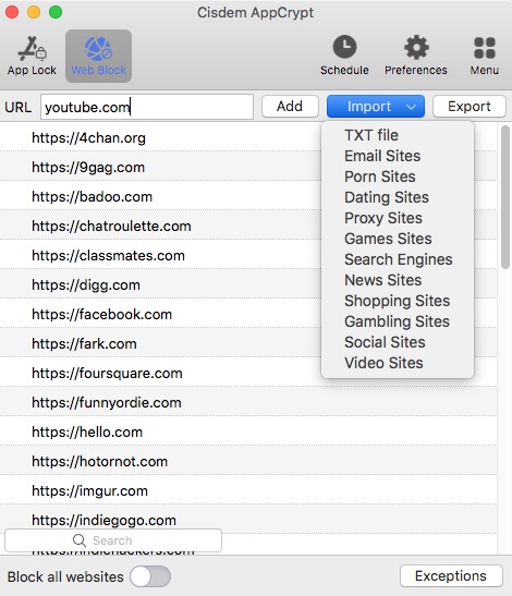 the Web Block tab letting users block adult websites by adding URLs or importing the Porn Sites list