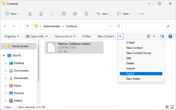 Windows Contacts interface showing that a contact is selected