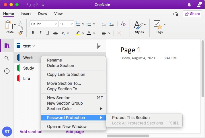 control-clicking the name of a section in OneNote on Mac brings up the Password Protection option