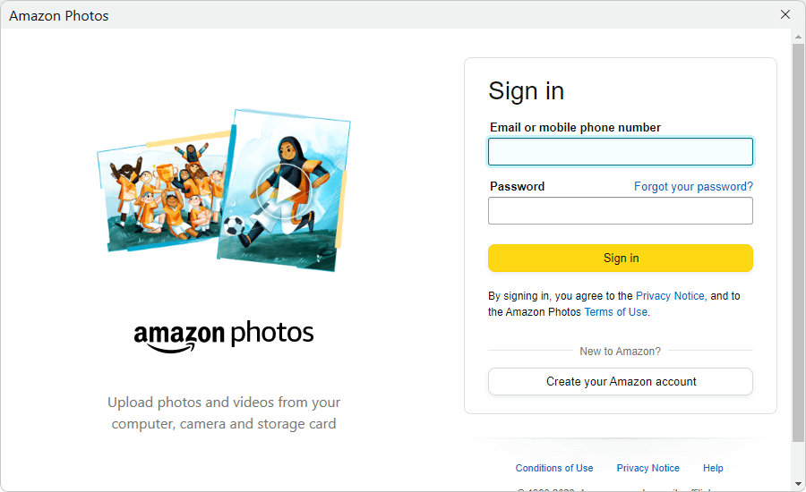 the Sign in screen in the Amazon Photos desktop app