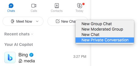 clicking New Chat brings up the New Private Conversation option