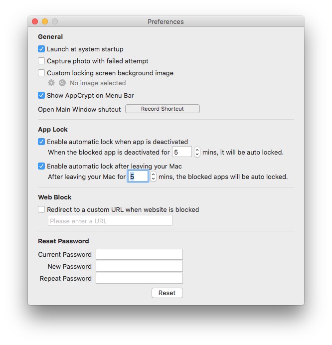 AppCrypt Preferences window