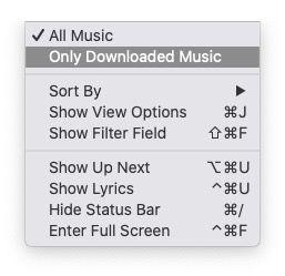 the view menu shows All Music, Only Downloaded Music and more