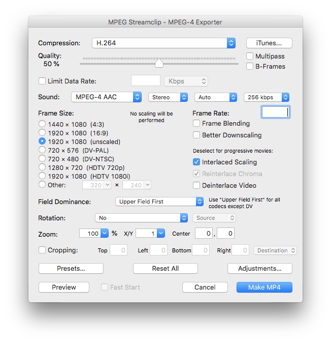 change mod to mp4 via mpeg streamclip