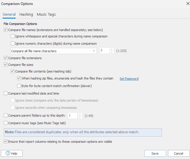 DuplicateFile Detective Comparison Options window