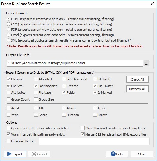 Duplicate File Detective export search results