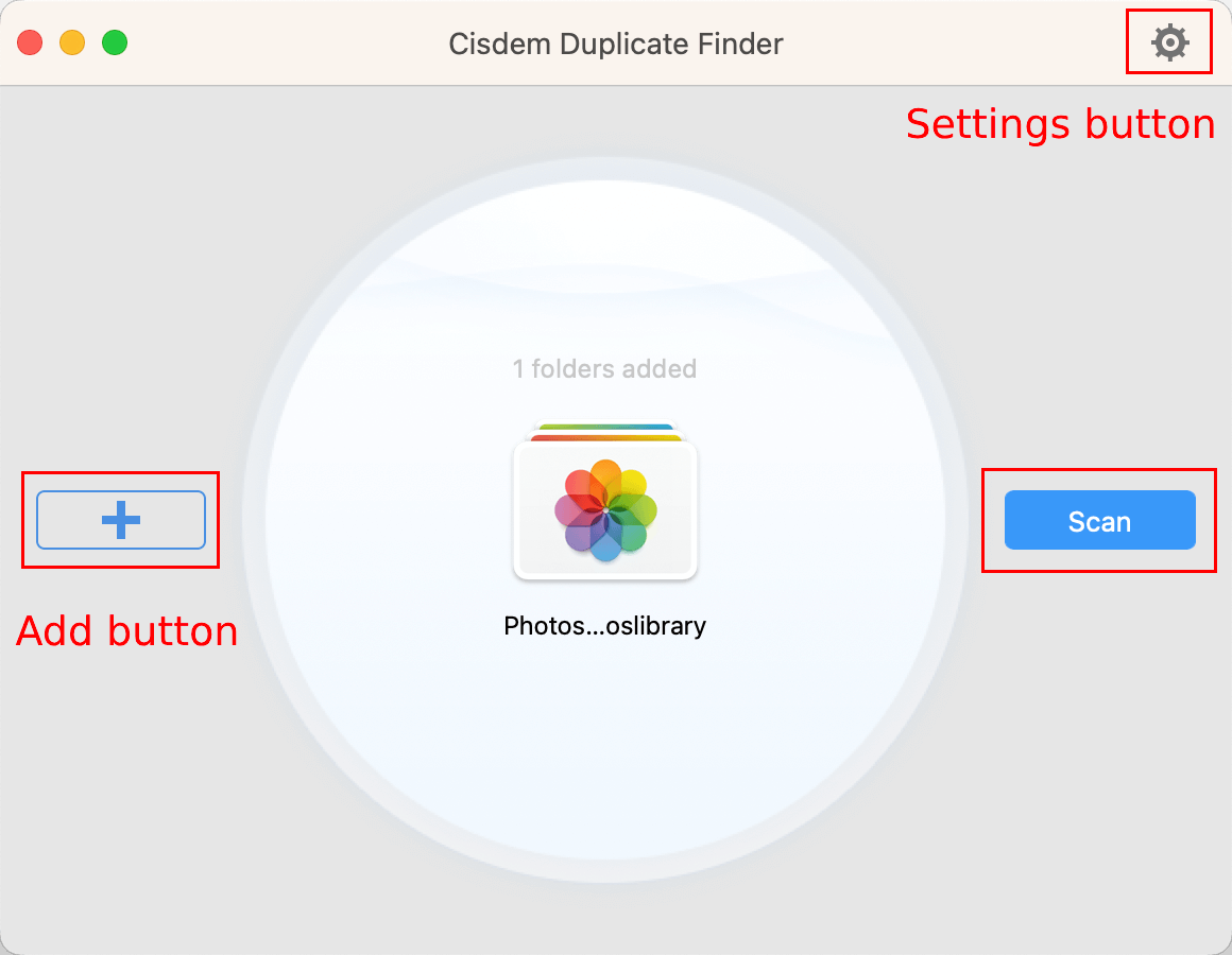 Cisdem Duplicate Finder window with an Add button, a Settings button and a Scan button showing that a Photos library is added
