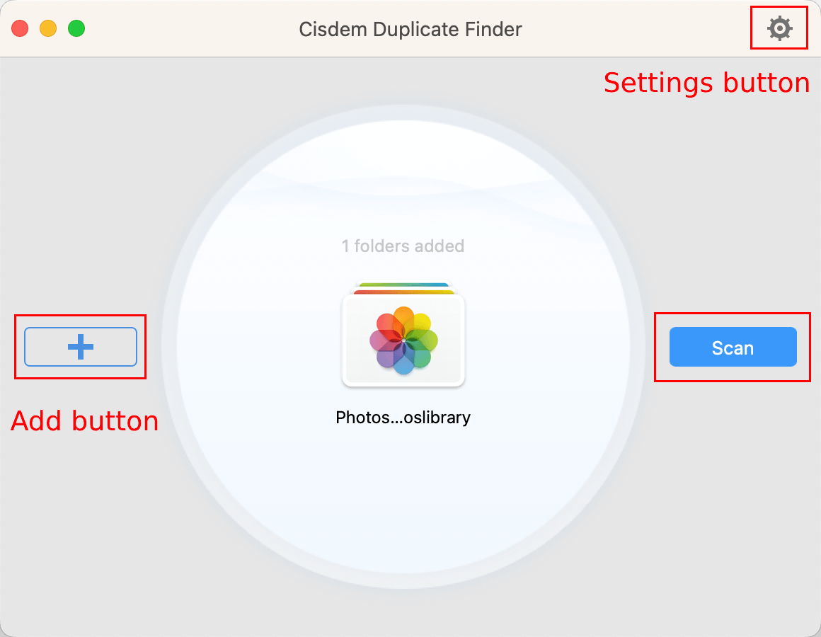 duplicate image finder interface showing an Add button, a Settings button and a Scan button