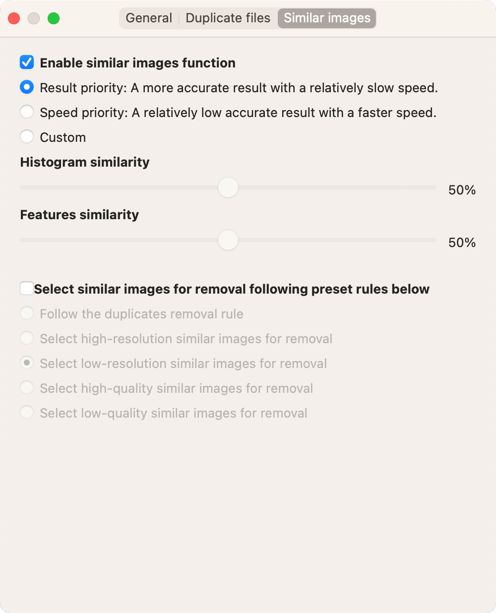 the Similar images tab showing that the Enable similar images function checkbox is selected