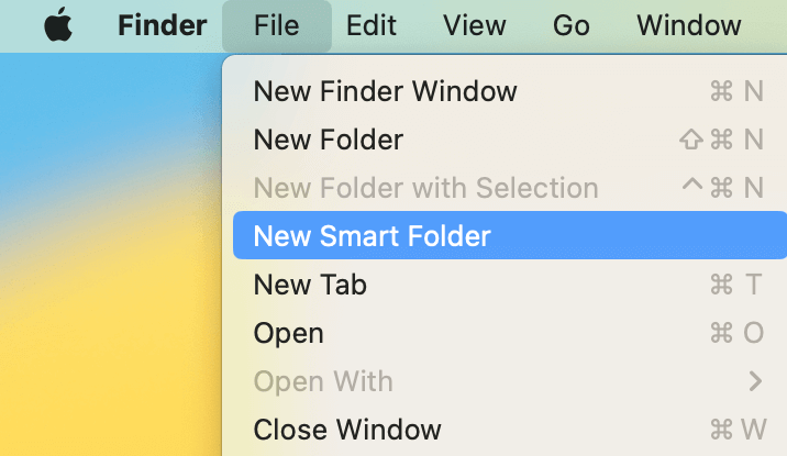 a File menu showing the New Smart Folder option and other options