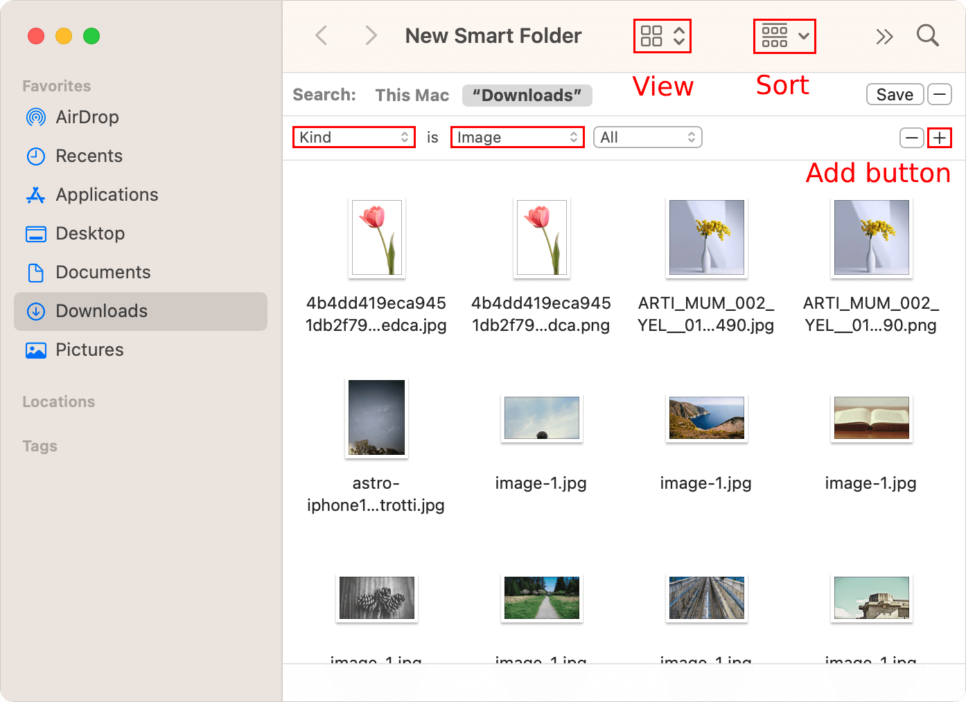 a Finder Smart Folder window showing eight photos, among them are two sets of duplicate photos