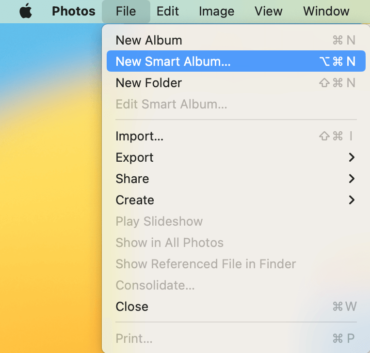 the File menu showing the New Smart Album option and other options