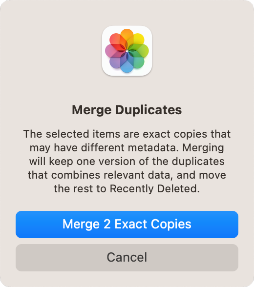 a Merge Duplicates message showing that two exact duplicate photos are to be merged