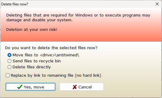 the Delete files now dialog showing three ways of removing selected files, a Yes button, and a Cancel button