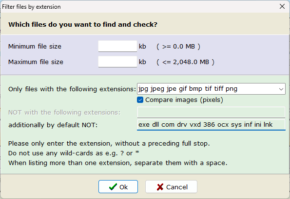 the Filter files by extension dialog showing options for users to specifying files to include or exclude