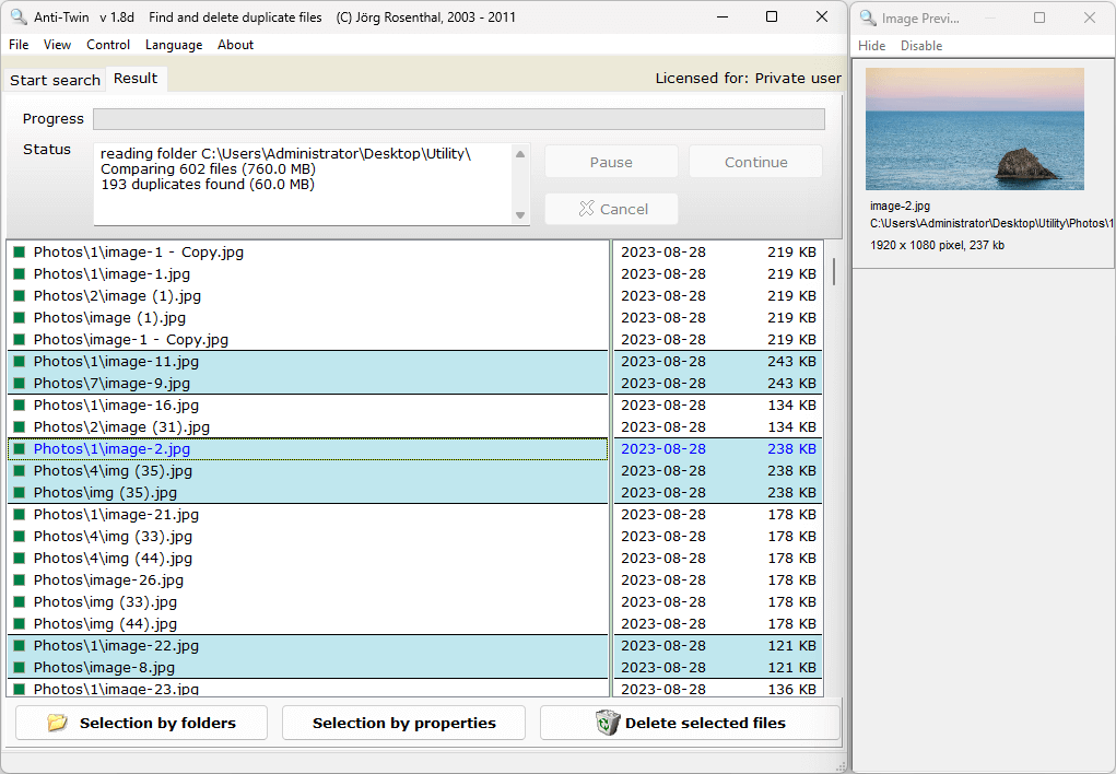 the Result tab showing multiple sets of duplicate files and the Image Preview window showing the preview of an image