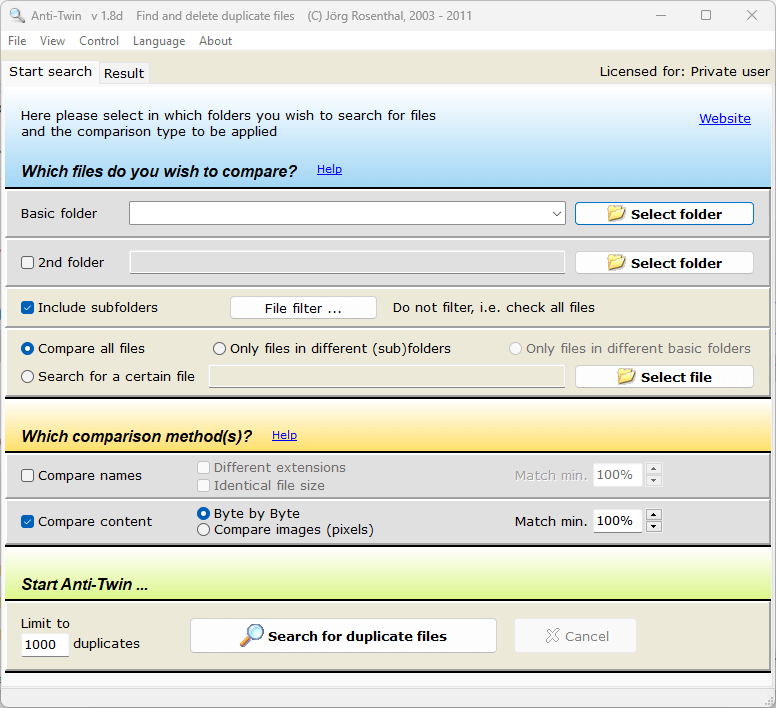 Anti-Twin's Start search tab showing comparison methods, buttons to add folders to search, and more
