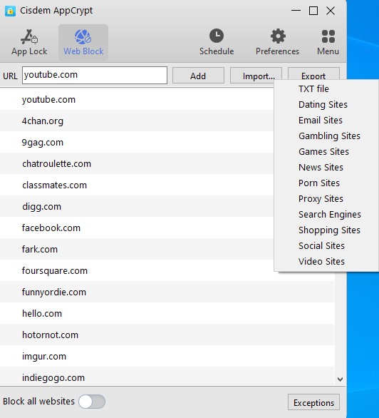 add YouTube site to block