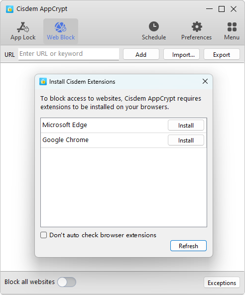 a dialog asking users to install browser extensions