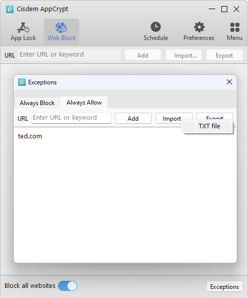the Web Block tab showing that the Block all websites option is turned on