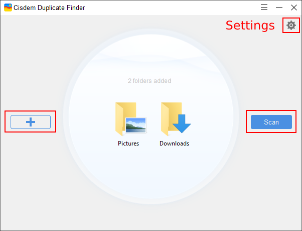 Cisdem Duplicate Finder window showing the Add icon, the Settings icon, the Scan button, and that two folders are added