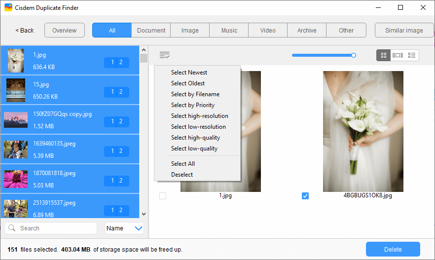 clicking the List icon bringing up several selection rules