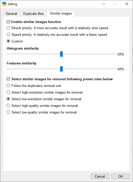 the Similar images tab in the Settings window showing the Enable similar images function checkbox and more