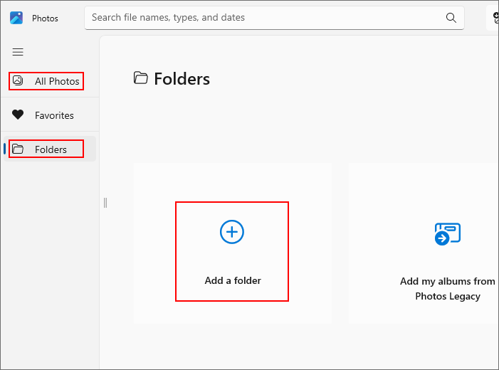 the Photos app in Windows 10 showing Folders, All Photos and more in the navigation bar on the left and an Add a folder icon on the right