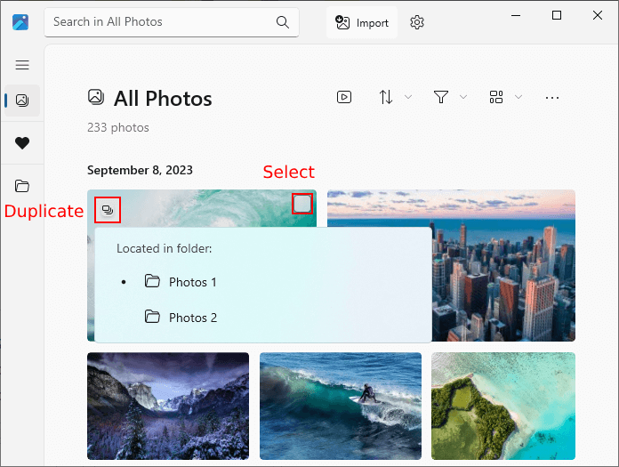 the thumbnail of a detected duplicate photo displaying a Duplicate icon in the top left corner and a checkbox in the top right corner