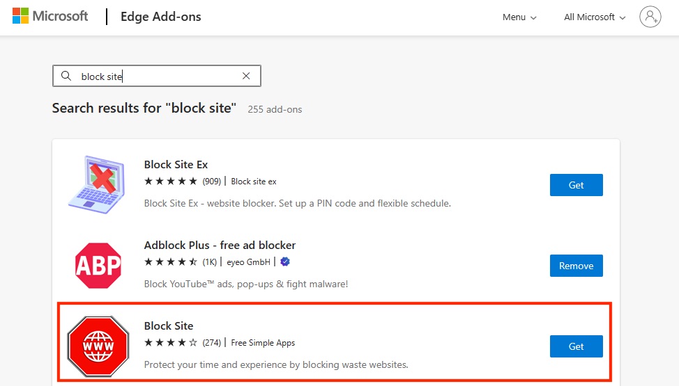 select Block Site extension