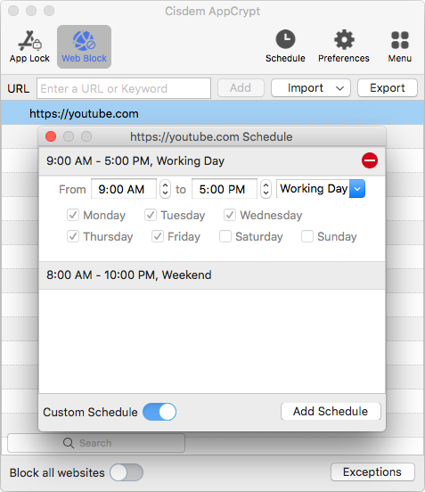 the Schedule dialog showing that Custom Schedule is turned on