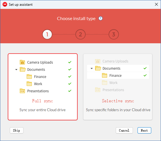 the Set up assistant window showing two install types, one of them being Full sync