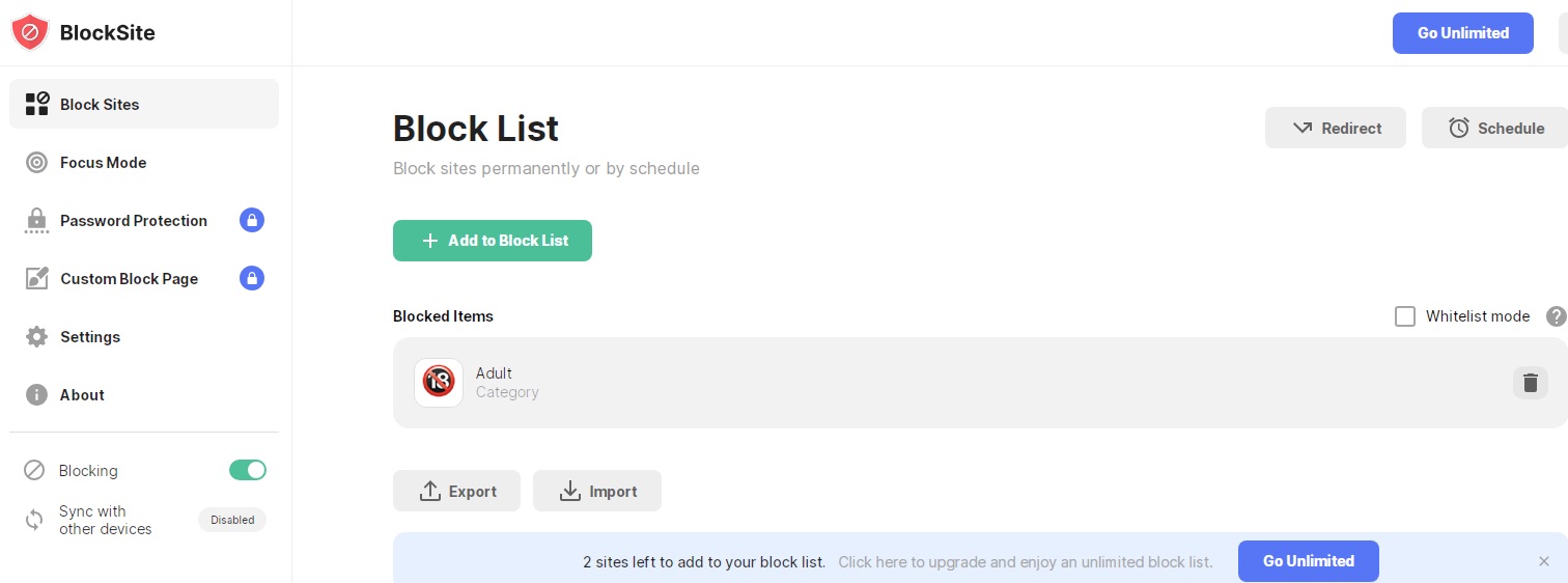 the BlockSite options page showing the Block List, the Schedule feature, and more