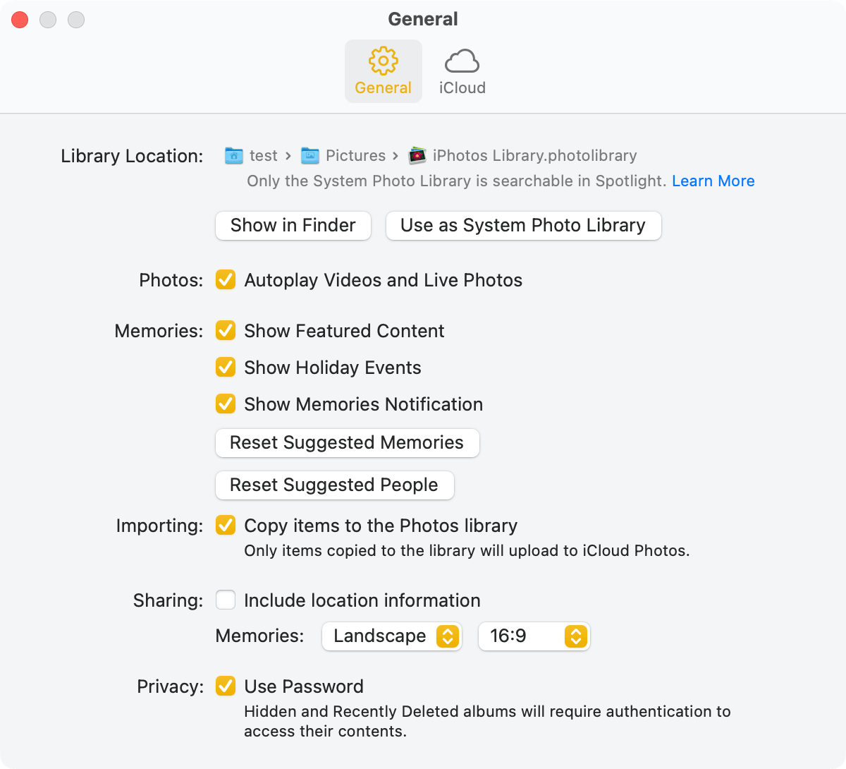 the General tab showing several sections including the Privacy section and showing that the Use Password checkbox is selected