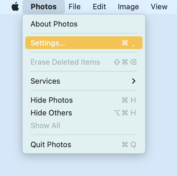 Settings is chosen in the Photos menu