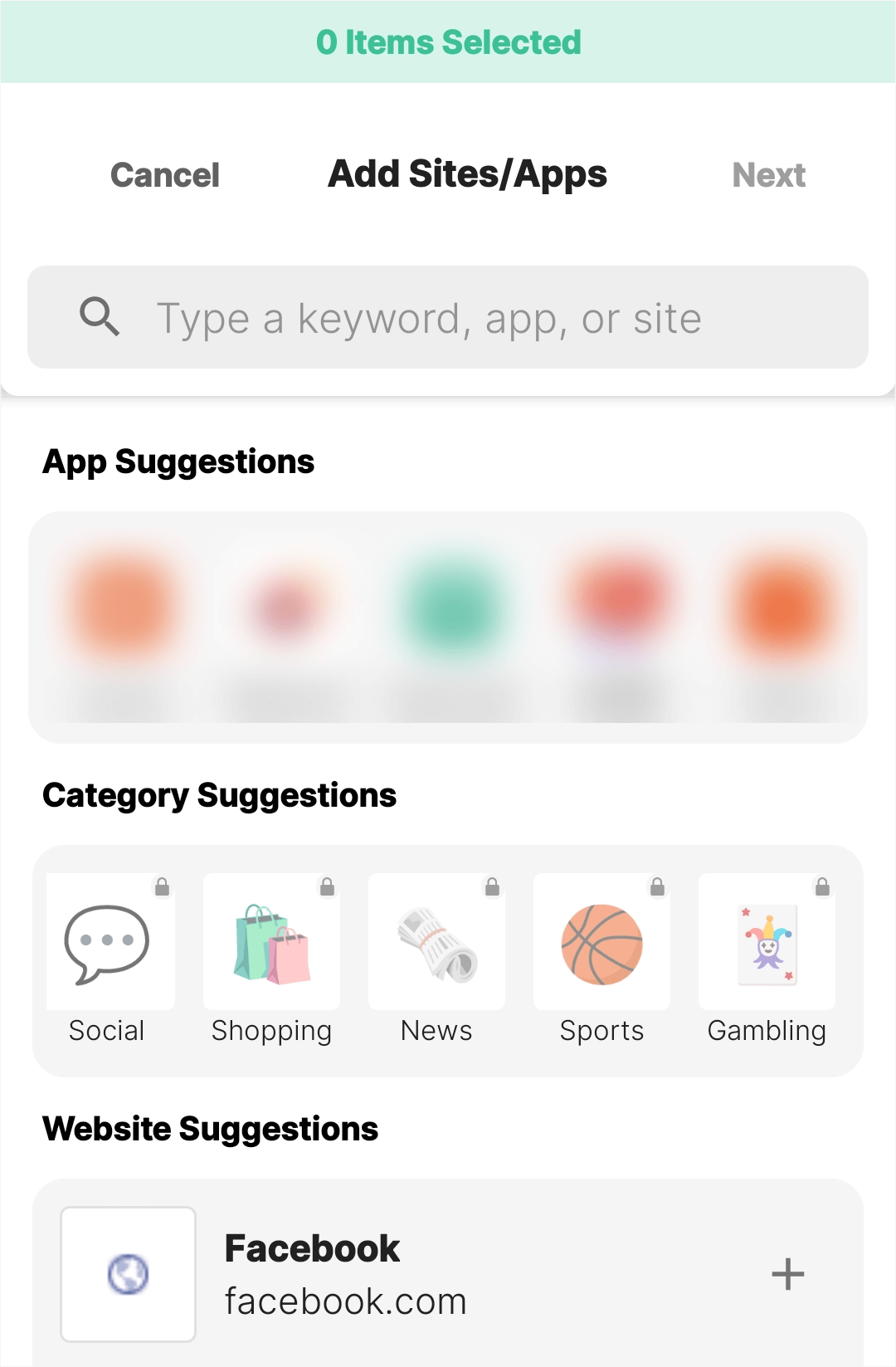 the App Suggestions section in the Add Sites/Apps screen showing the Gambling category and other several other categories