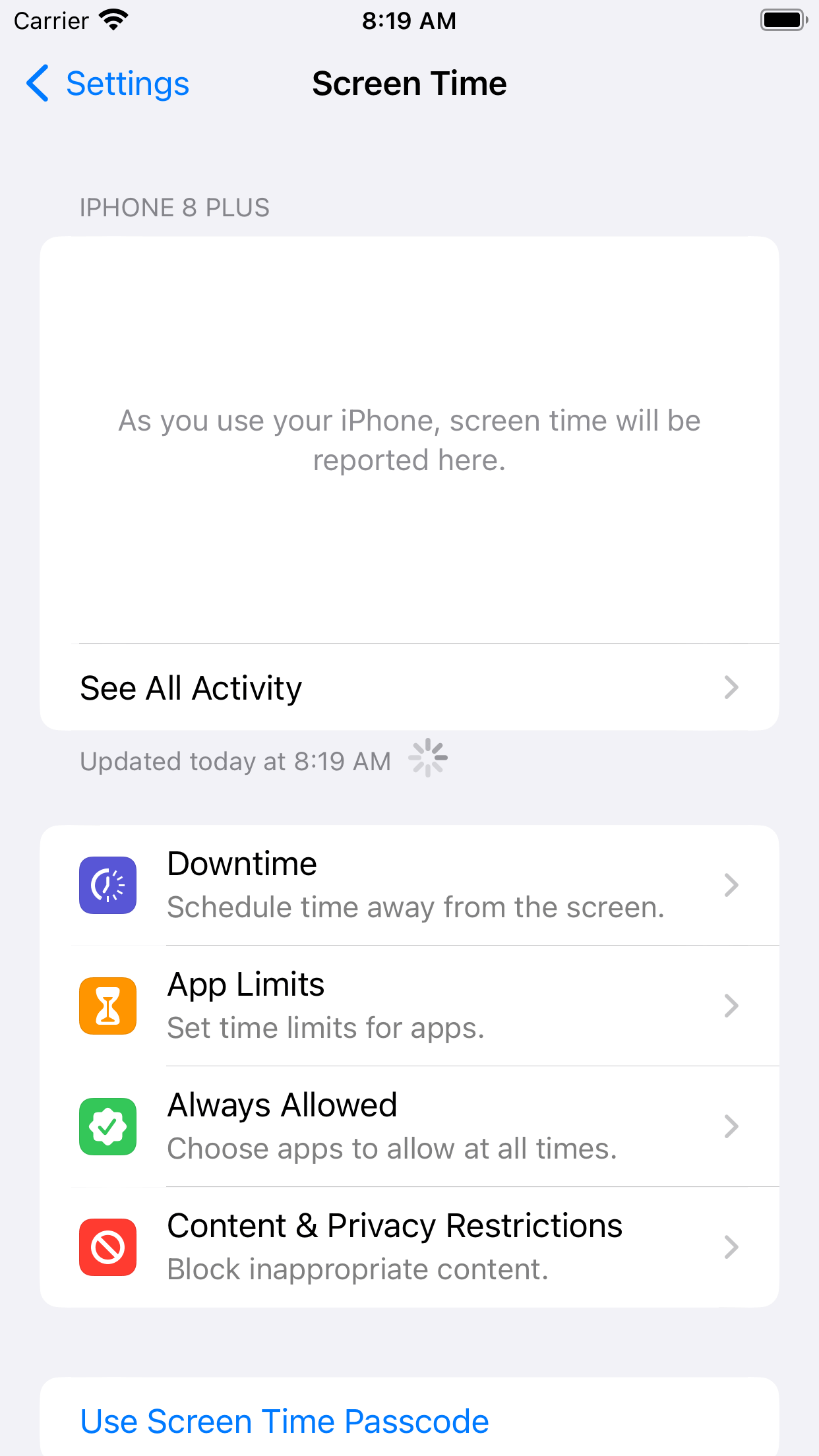 the Screen Time main screen displaying App Limits, Downtime and more