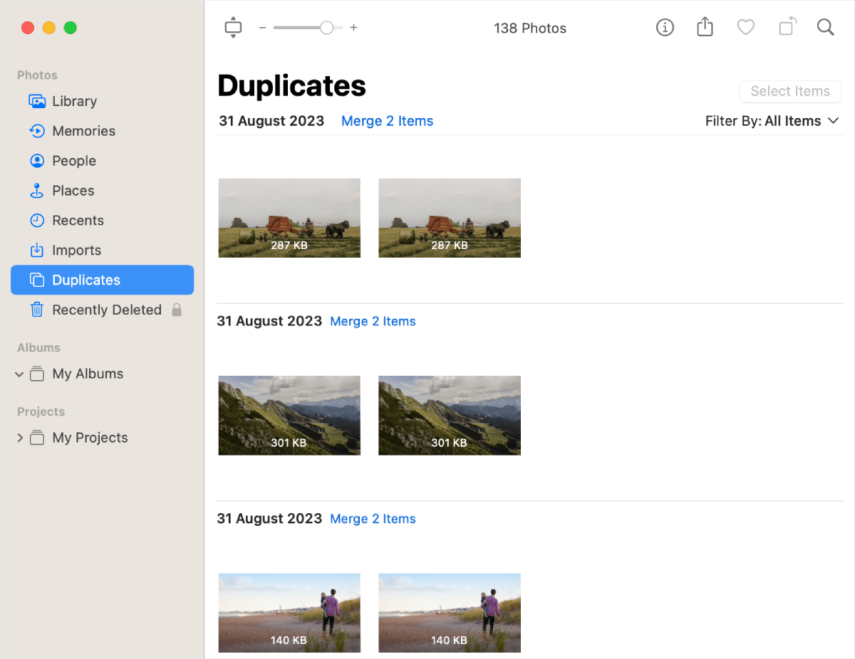 the Photos app showing several sets of duplicate files