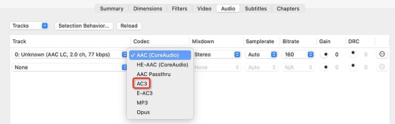 audio codec handbrake