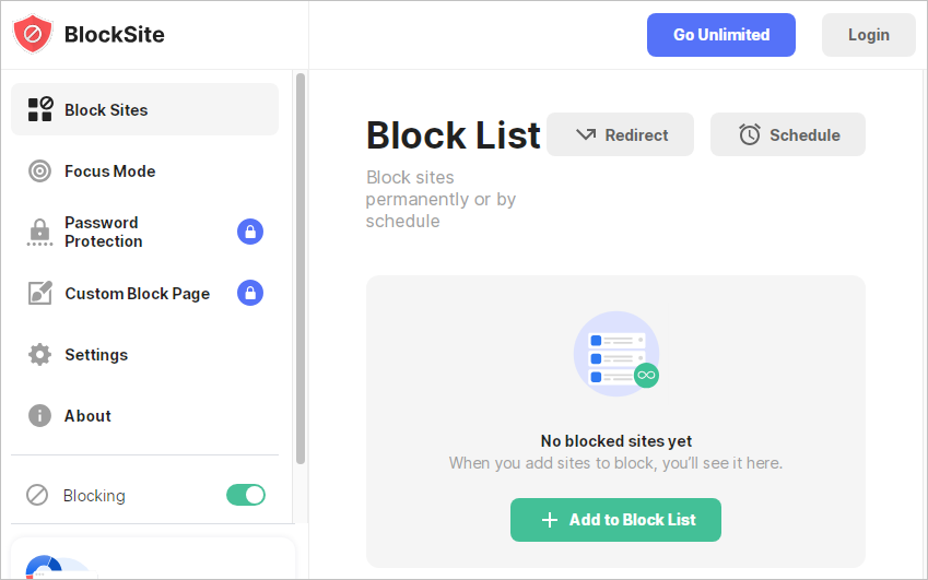 the options page of BlockSite showing Block Sites and more in the sidebar on the left